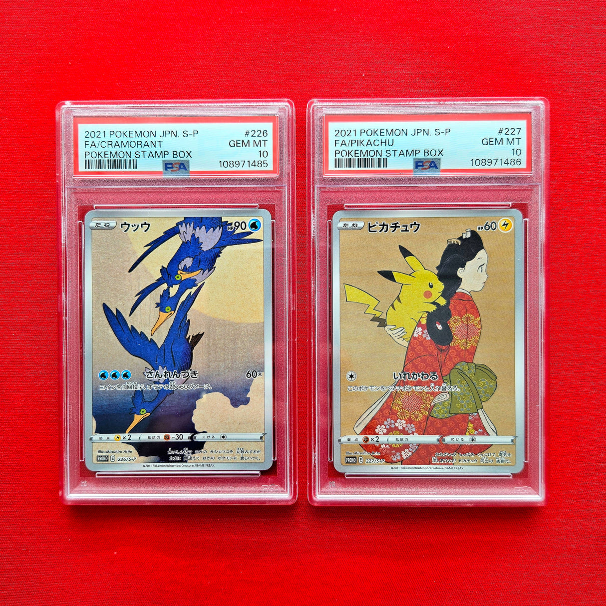 Pokémon TCG - Pikachu 227 & Cramorant 226 PSA 10 JPN Stamp Box Promo